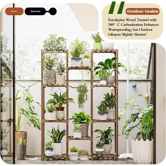 Plant Stand Indoor Outdoor Hanging Plant Shelf for Multiple Plants Pots Wood - Picture 4 of 7